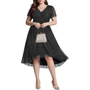 Women Plus Size Cocktail Dress Glitter Fabric High Low Formal Holiday